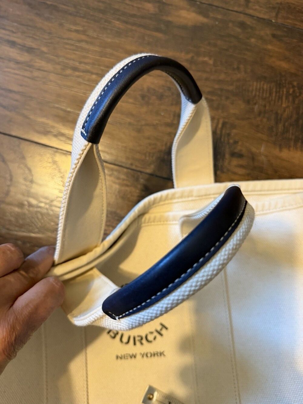 Tory Burch Large Canvas Tote Natural/Navy Blue Trim Market Shopper Beach 17x13 - Picture 4 of 15